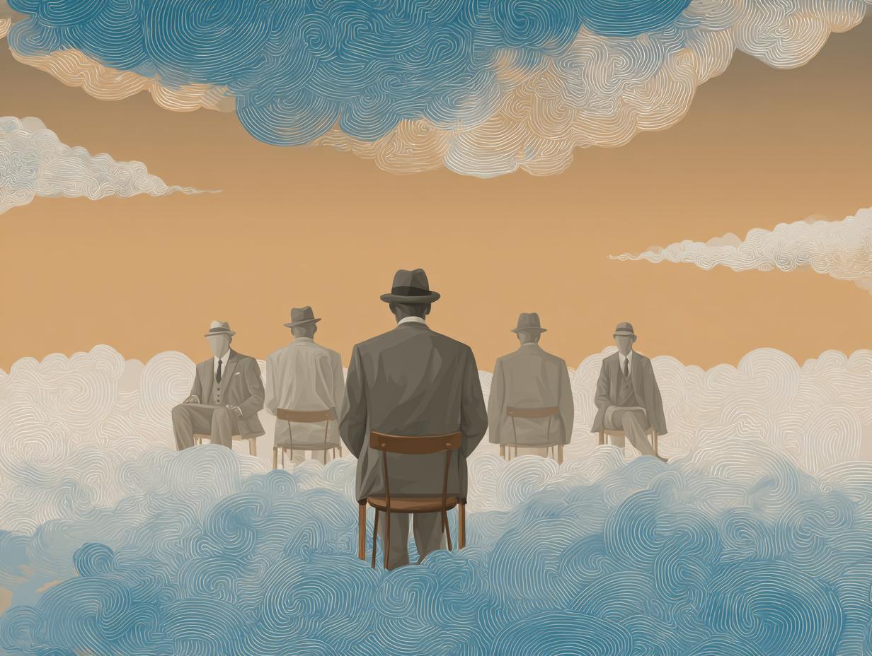 Un homme est face à quatre hommes qui se regardent