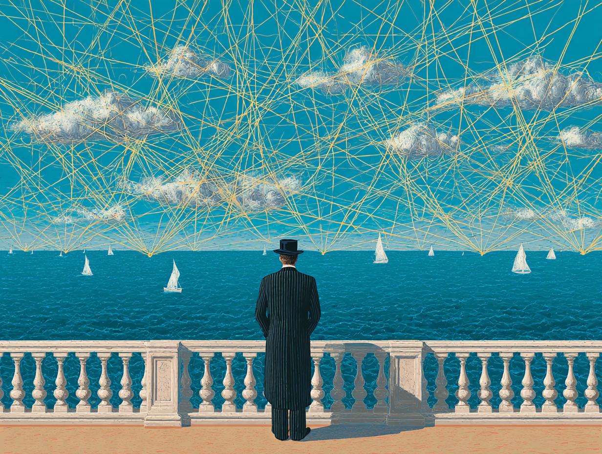 Personne en costume rayé face à la mer aux voiliers sous un ciel quadrillé — liens dans la transmission d'entreprise