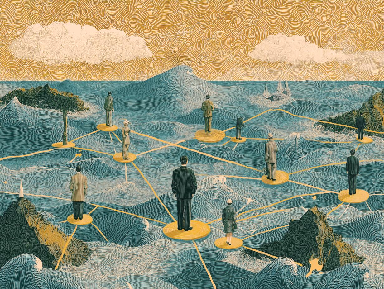 Personnage sur une mer vivante reliés entre eux. Montre les liens de la systémie. Tout est lié